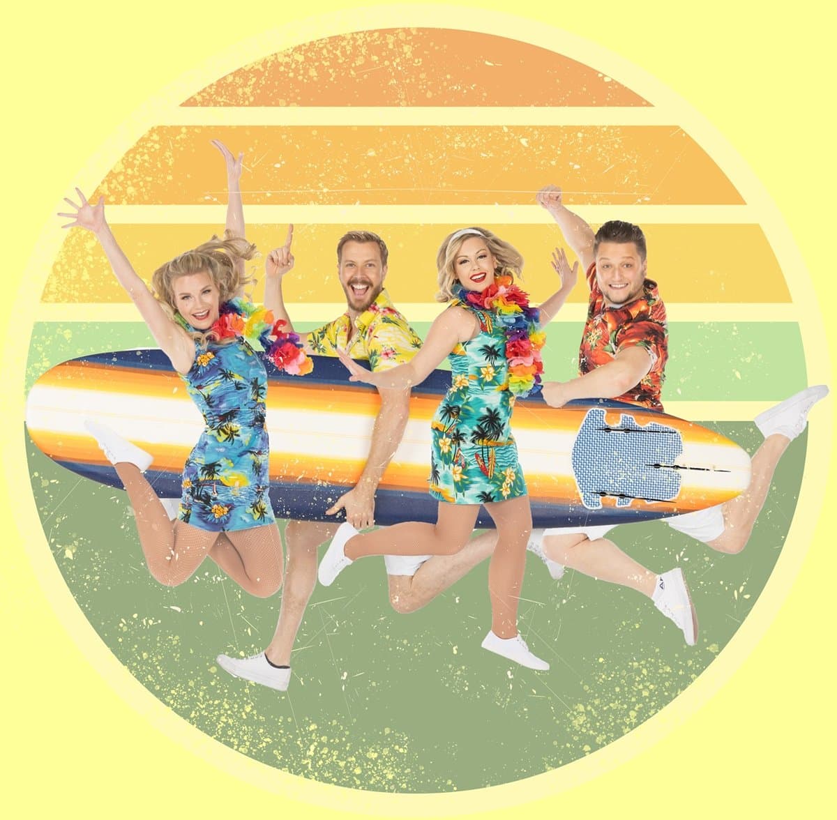 Beach Boys California Dreamin cast jumping with a surfboard in Hawaiian shirts