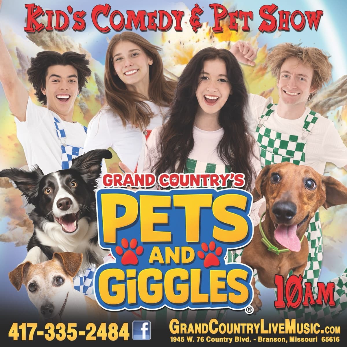 Pets and Giggles show with rescue animals performing tricks in Branson